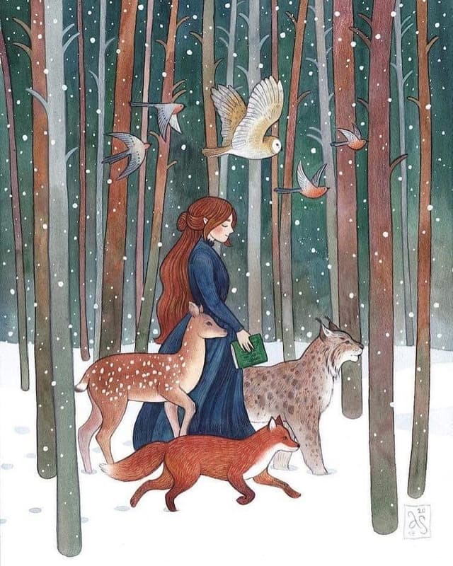 Serene illustration of a young woman walking through a snowy forest with a deer, bobcat, fox, sparrows, and owl.