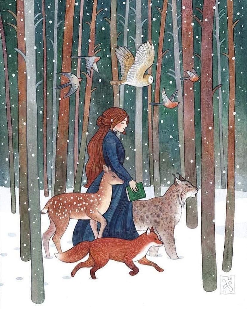 Serene illustration of a young woman walking through a snowy forest with a deer, bobcat, fox, sparrows, and owl.